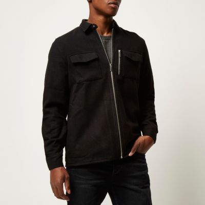 Black zip front flannel shirt jacket
